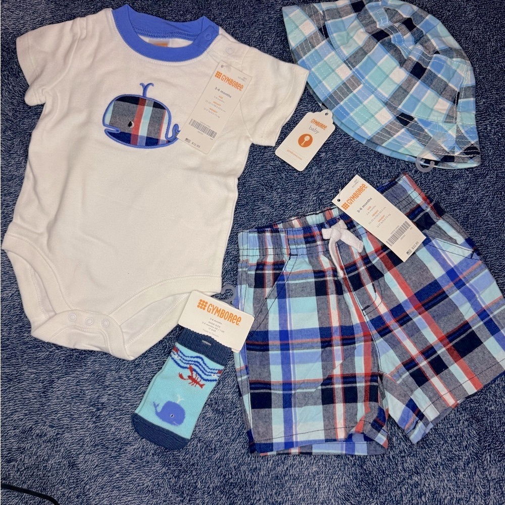 NWT Gymboree Baby Boy 4pc Sea Life Set 3-6M Whale Plaid
